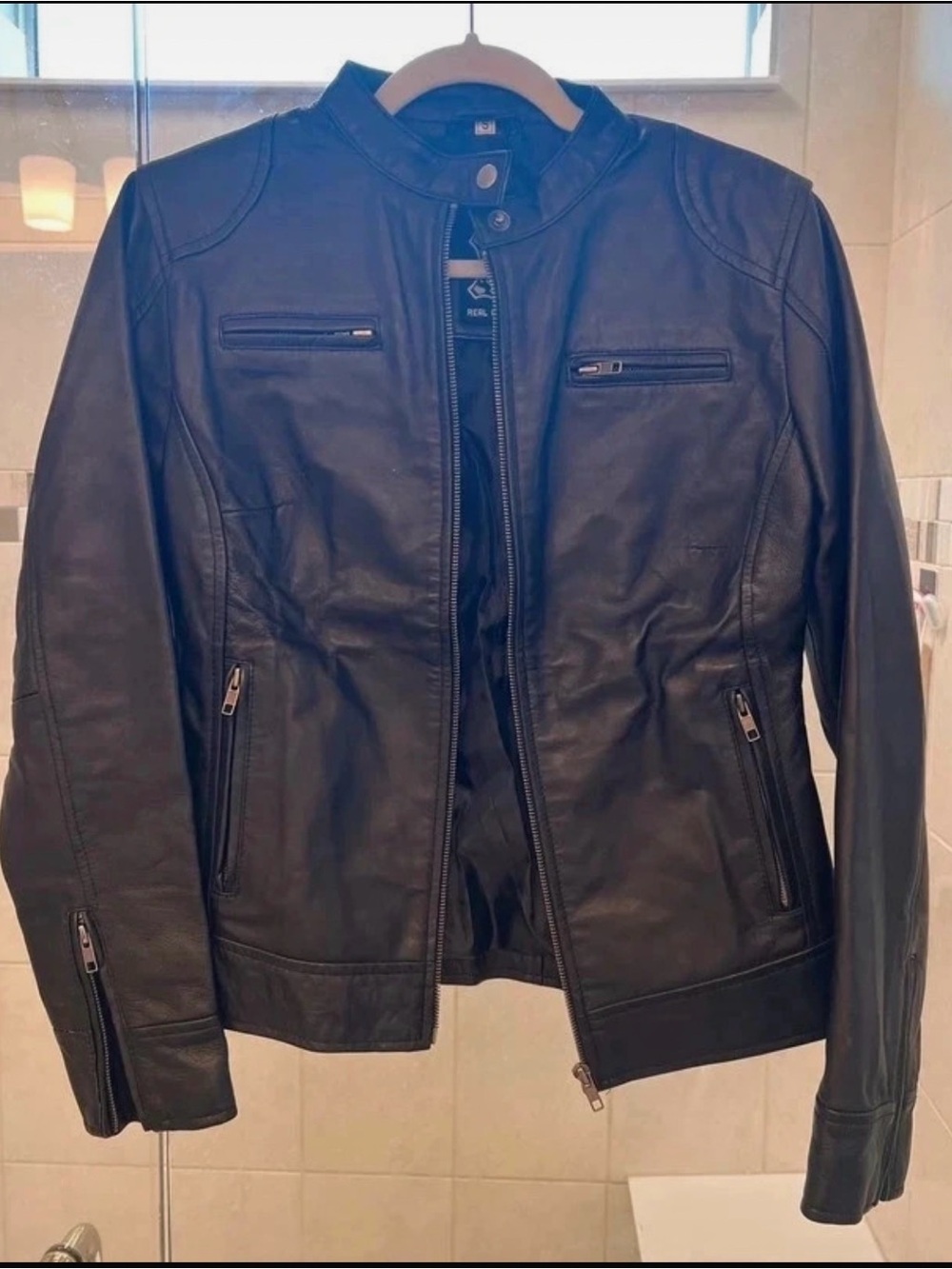 Women’s Black Leather Zip-Front Moto Jacket